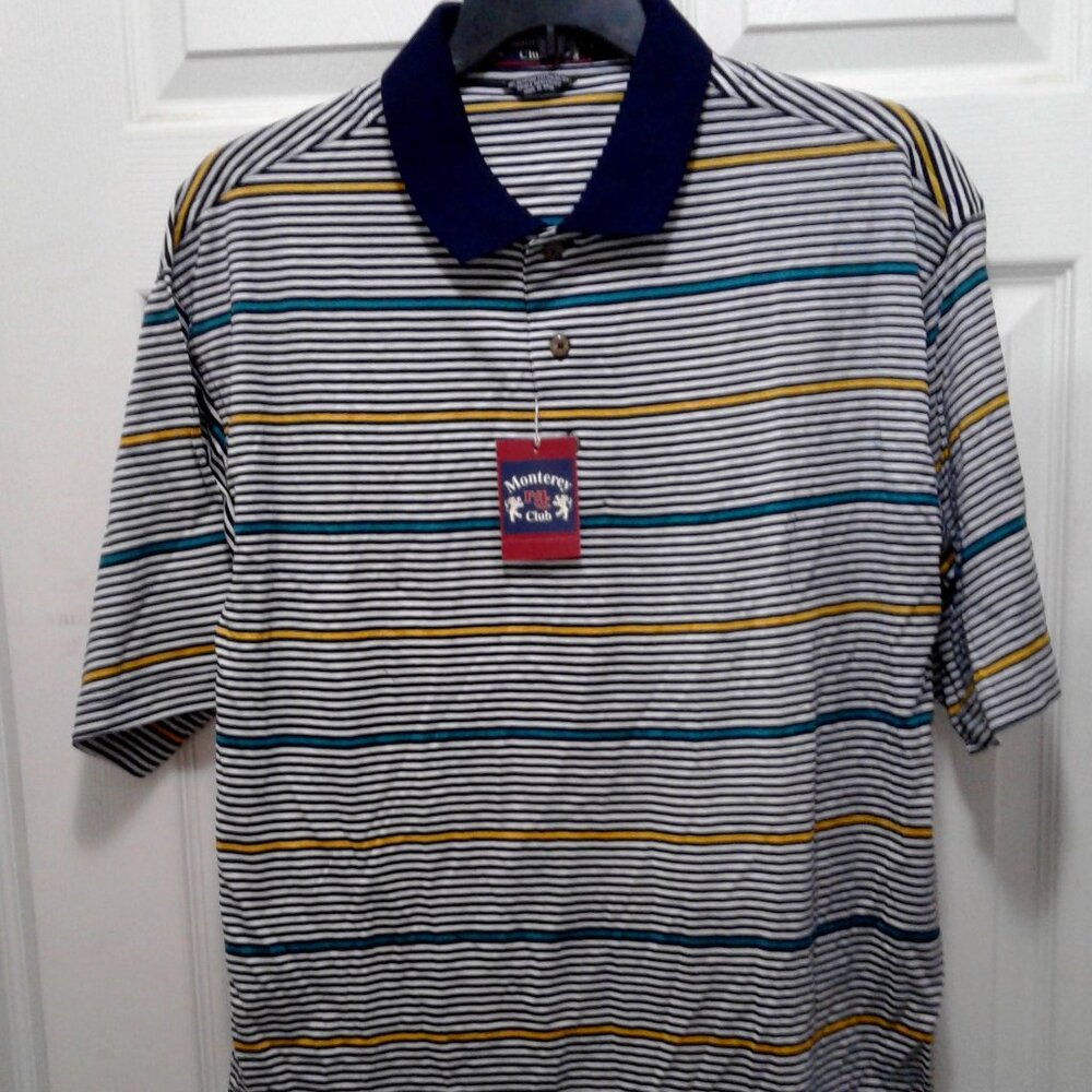 Monterey Club Men's Golf Shirt - Black/White Strip - Large
